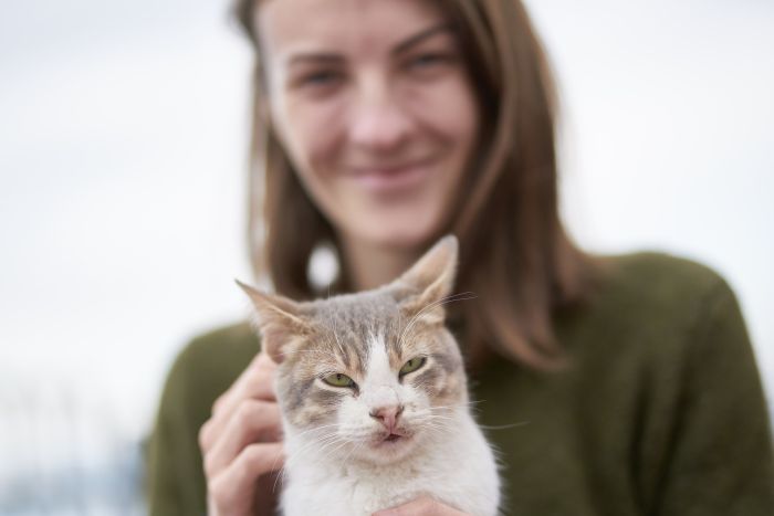 Un chat caressé sur les genoux d'une femme.
